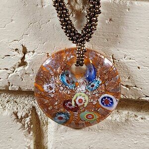 New Womens Murano Blown Glass Necklace Copper Beaded Leather 16"